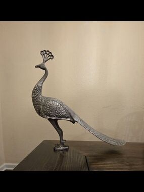 Ornate Silver Peacock Sculpture - Decorative Home Art